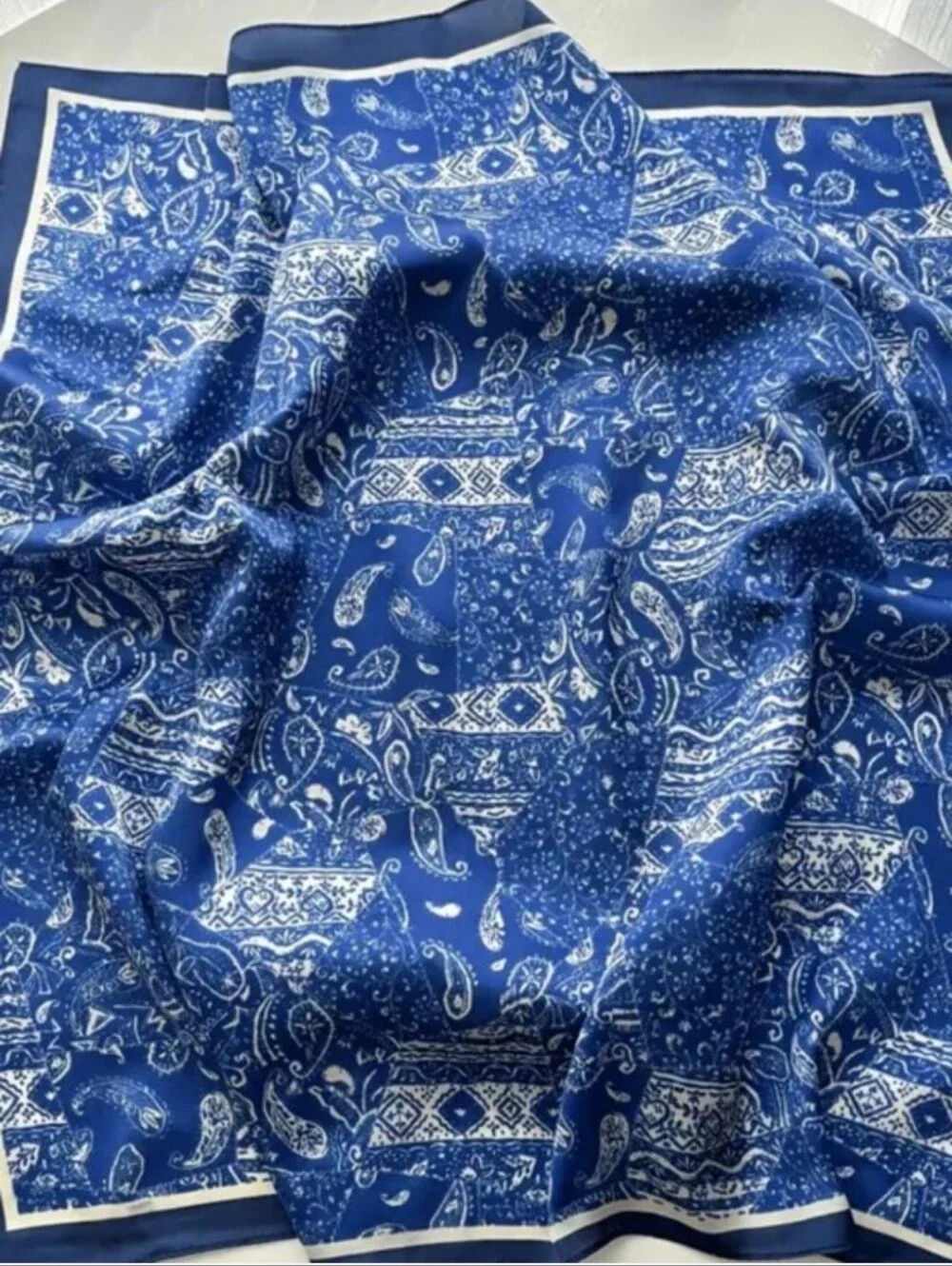 Silk-feel Blue Paisley Silk Scarf Wrap